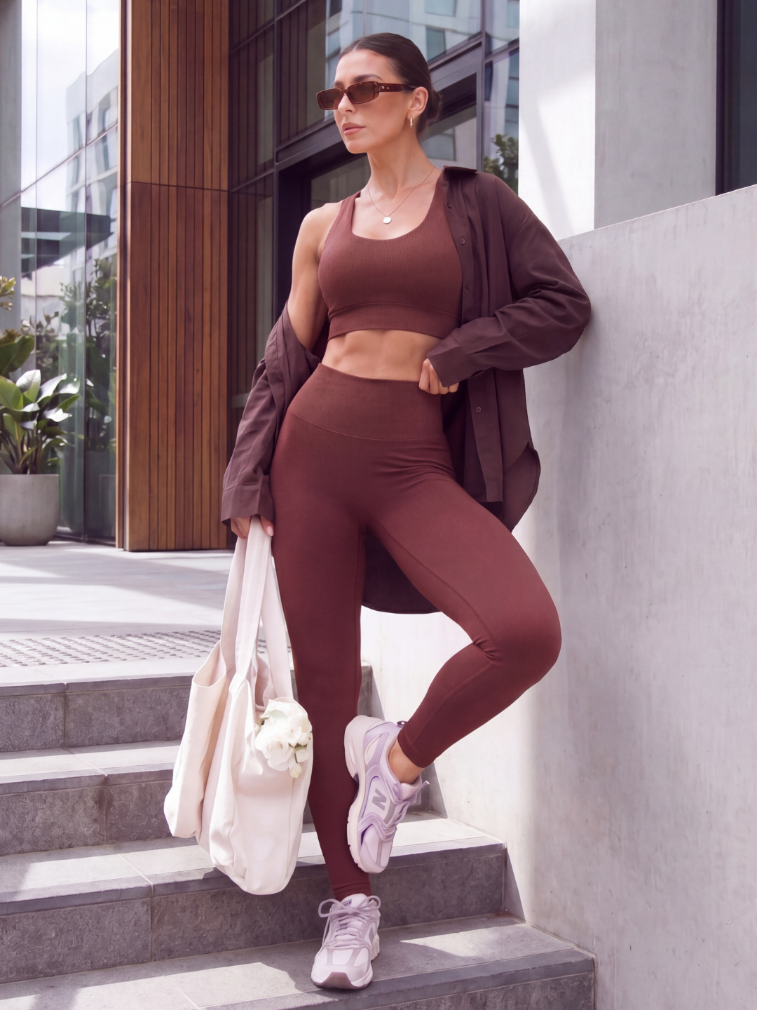 Conjunto Top + Calça Legging Marrom Zero Transparência Wazy