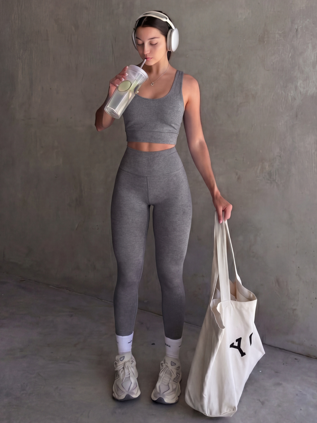 Conjunto Top + Calça Legging Cinza Zero Transparência Wazy