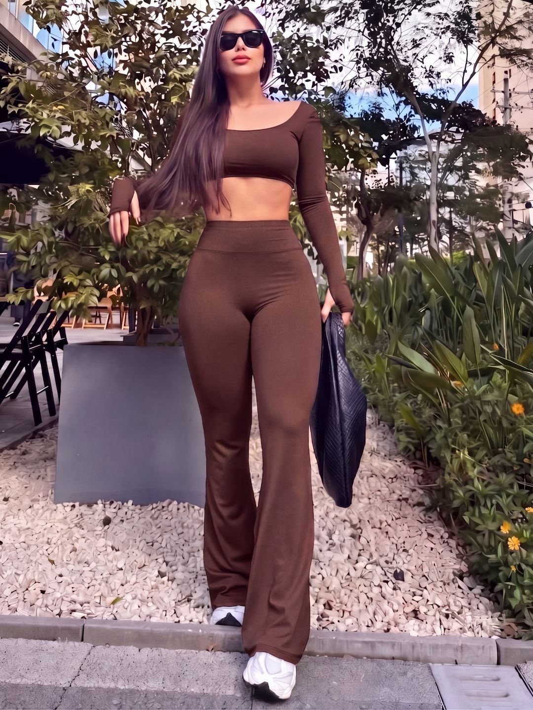 Calça Flare Legging Marrom Zero Transparência Wazy